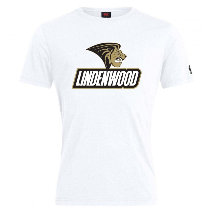 The Lindenwood University Rugby Club Plain Tee by WRS Canterbury is crafted from a premium cotton-heavy blend and showcases "LINDENWOOD" printed beneath a lion head logo in striking black and gold. Ideal for those who value both comfort and style.