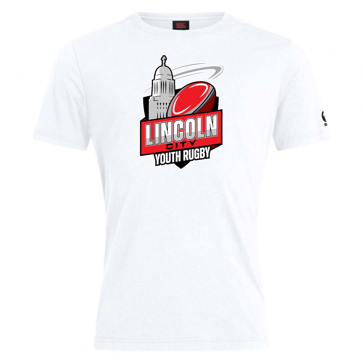 The Lincoln City Youth Rugby Club Plain Tee by WRS Canterbury is a white cotton blend shirt featuring the club logo with a rugby ball and city building—offering comfort and customizability for rugby fans.