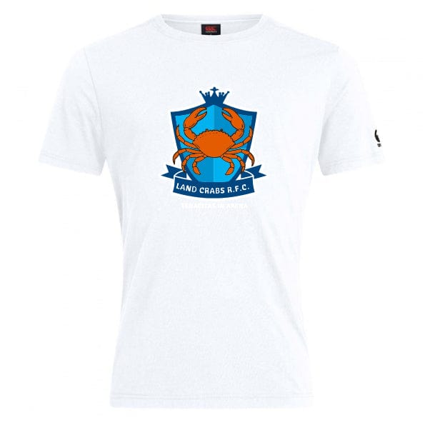 The Land Crabs RFC Club Plain Tee by Canterbury from WRS Canterbury is a cotton-rich white t-shirt featuring an orange crab, blue shield crest, and "LAND CRABS R.F.C." text printed on the front in the classic CCC style for comfort and durability.