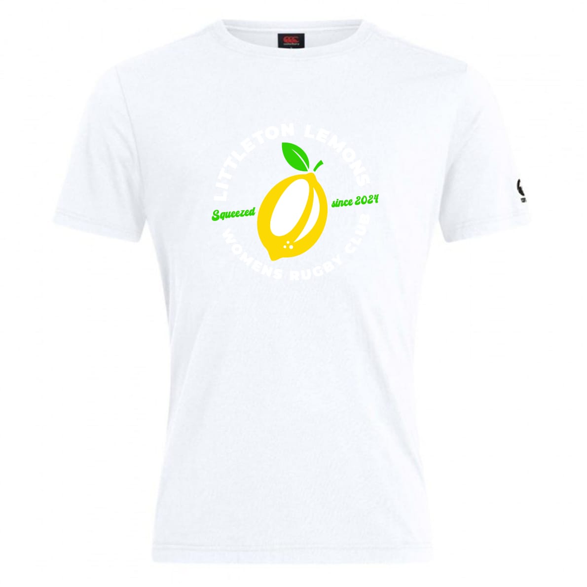 The Littleton Women Rugby Club Plain Tee by WRS Canterbury features a yellow lemon graphic, green leaves, and "LITTLETON LEMONS WOMENS RUGBY CLUB Squeezed since 2021"—a customizable cotton blend tee for true fans and team members.