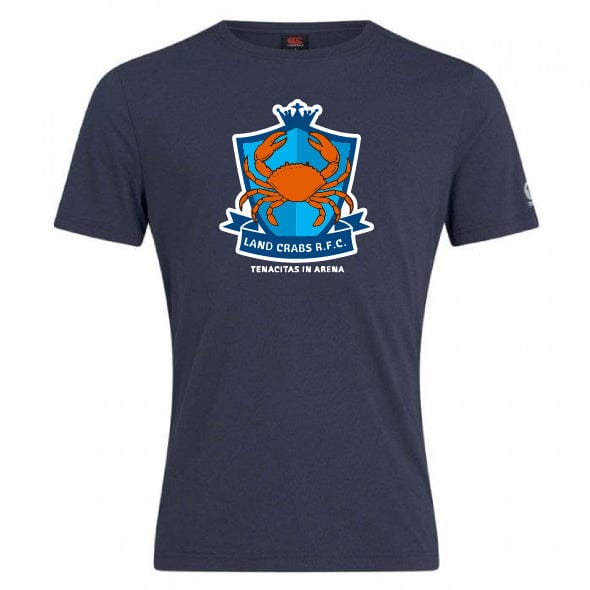 The Land Crabs RFC Club Plain Tee by WRS Canterbury is a navy blue shirt with an orange crab, shield, and crown logo. Made from a premium cotton blend, it features "LAND CRABS R.F.C." and "TENACITAS IN ARENA." Customization available.
