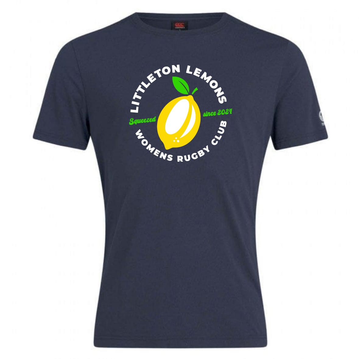 The Littleton Women Rugby Club Plain Tee by WRS Canterbury features a navy cotton blend, "Littleton Lemons Women's Rugby Club" text, lemon graphic, and "Squeezed since 2021" in green. Customize this comfortable, sporty tee for your team!.