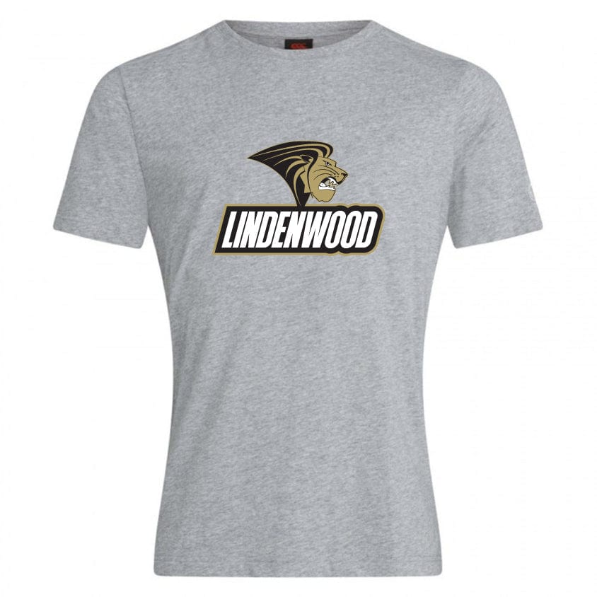 The Lindenwood University Rugby Club Plain Tee by WRS Canterbury is expertly crafted from a premium cotton-heavy blend in gray and features the word "Lindenwood" beneath a stylized lion head logo in black and gold.