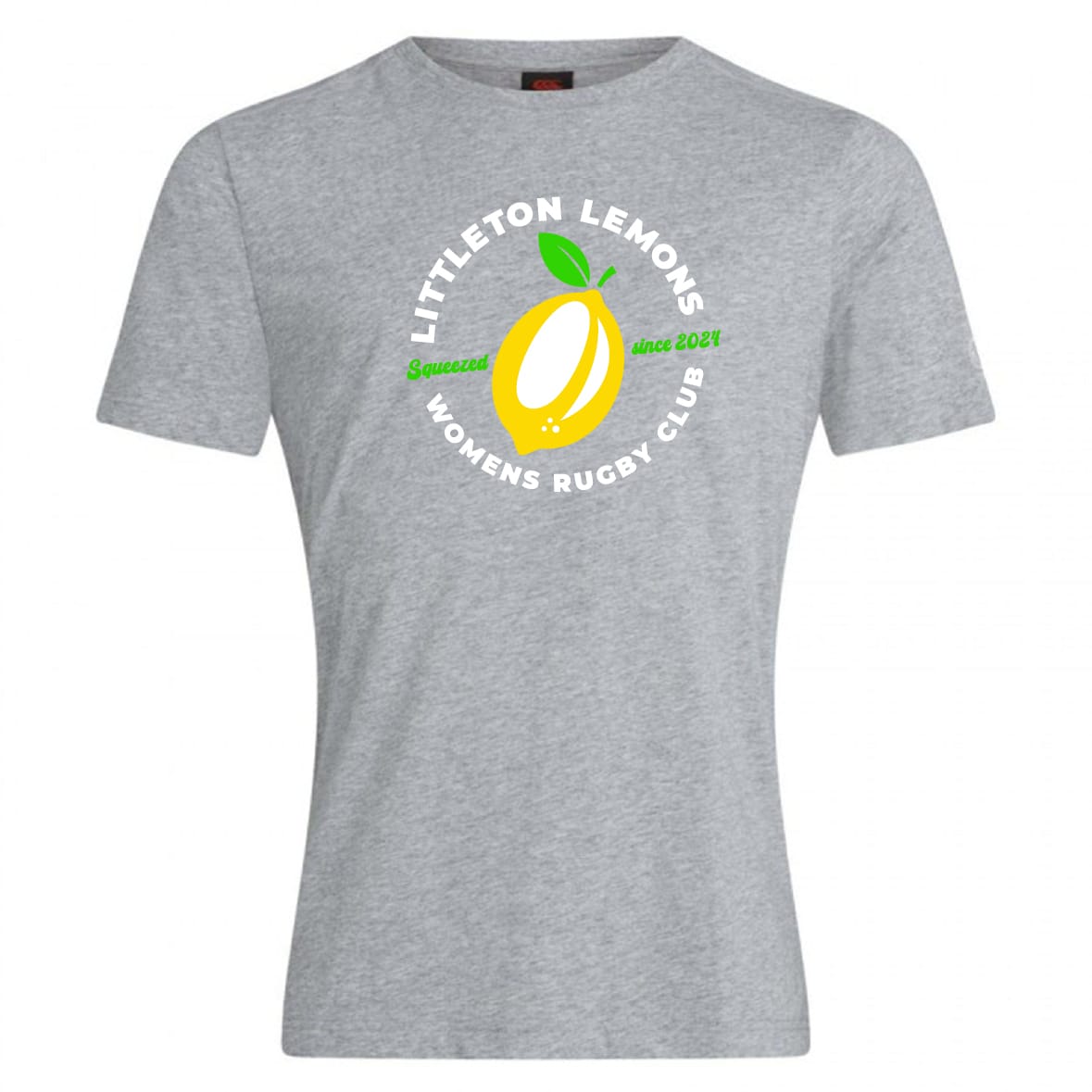The Littleton Women Rugby Club Plain Tee by WRS Canterbury is a grey cotton blend t-shirt, customizable and perfect for team spirit or casual wear. Features "Littleton Lemons Women's Rugby Club, Squeezing Since 2021" in white and green.