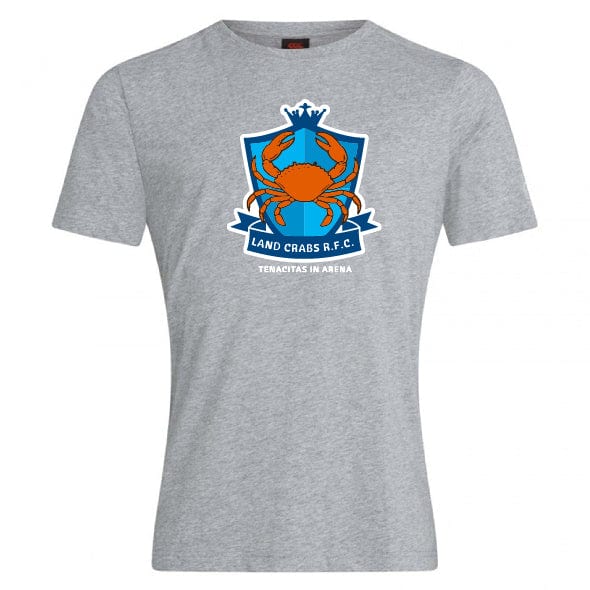 The Land Crabs RFC Club Plain Tee by WRS Canterbury features an orange crab crest on blue with "LAND CRABS R.F.C. TENACITAS IN ARENA" and is crafted from a comfortable cotton-heavy blend for easy customization.