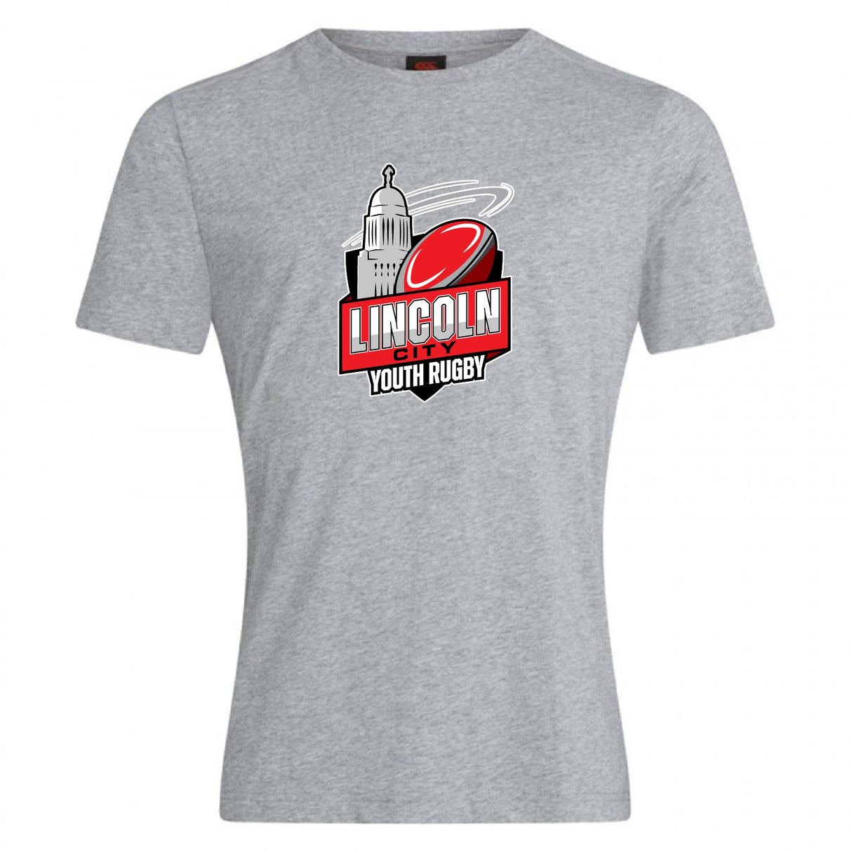 Show your support with the Lincoln City Youth Rugby Club Plain Tee by WRS Canterbury—a gray cotton-blend shirt featuring a rugby ball and domed building graphic, perfect for fans seeking a customizable, sporty look.