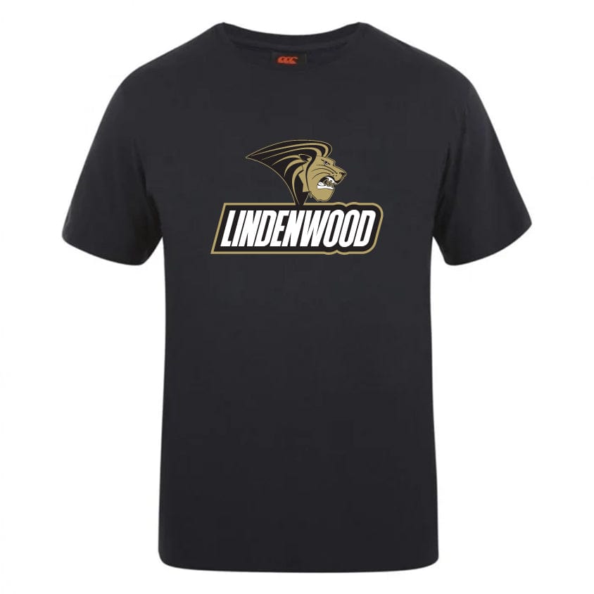 Explore the Lindenwood University Rugby Club Plain Tee by WRS Canterbury, featuring a striking golden lion head design and the word "Lindenwood." This customizable black T-shirt is crafted from a premium cotton-heavy blend, offering both style and comfort for those who appreciate quality and unique designs.