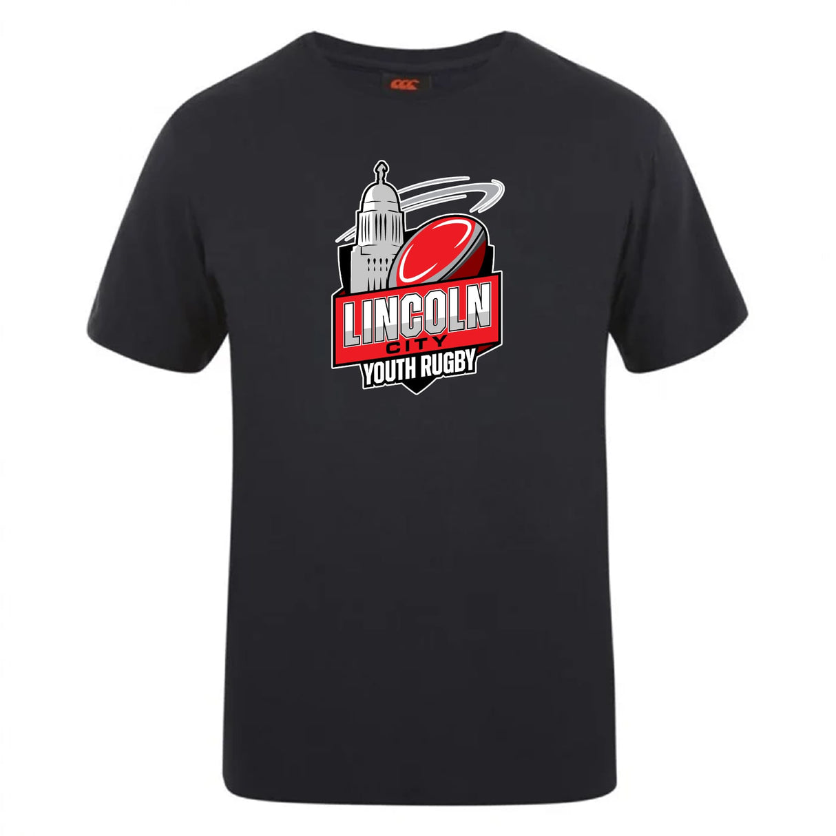 The Lincoln City Youth Rugby Club Plain Tee by WRS Canterbury is a black cotton blend shirt with a "Lincoln City Youth Rugby" logo—red rugby ball and dome—perfect to customize for fans or players.