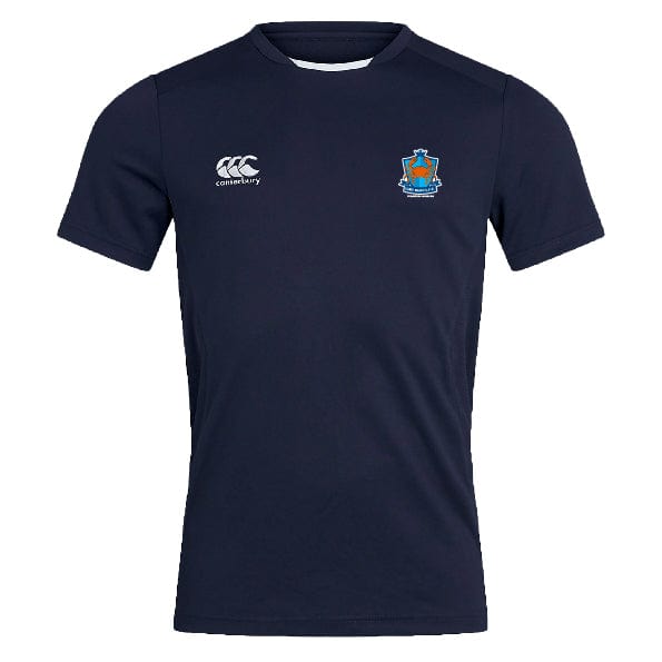 The Land Crabs RFC Club Dry Tee by EMB Canterbury is a navy short-sleeved athletic shirt with a white Canterbury logo on the right chest, a vibrant club crest on the left, and features quick-drying Vapodri Technology for comfort.
