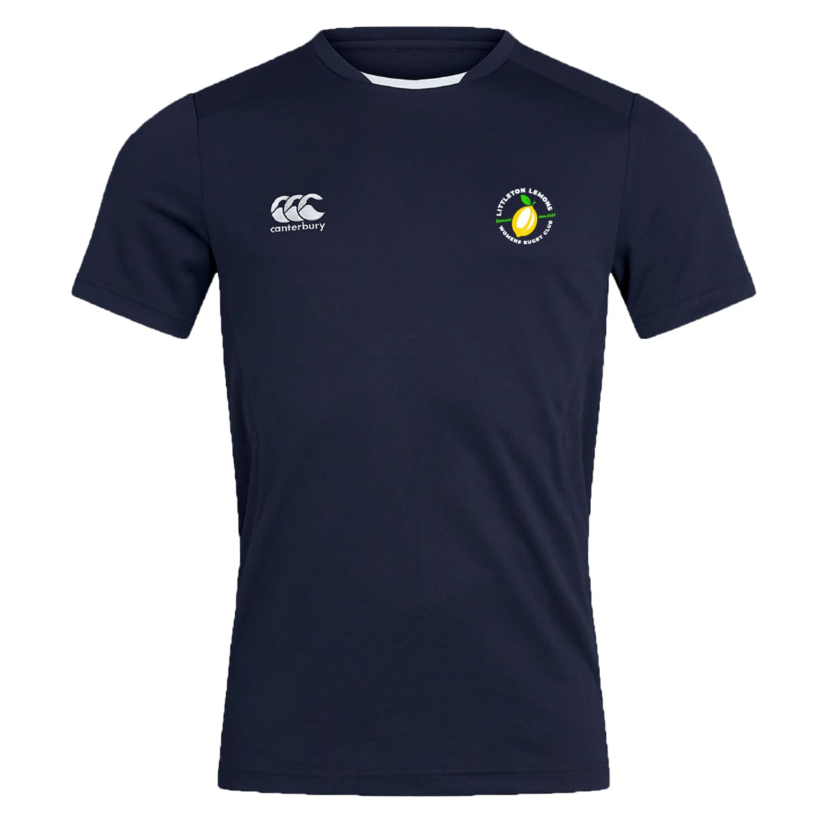The Littleton Women Rugby Club Club Dry Tee by EMB Canterbury is a navy short-sleeve t-shirt with Vapodri Technology, a white Canterbury logo on the right chest, and a circular embroidered logo on the left.
