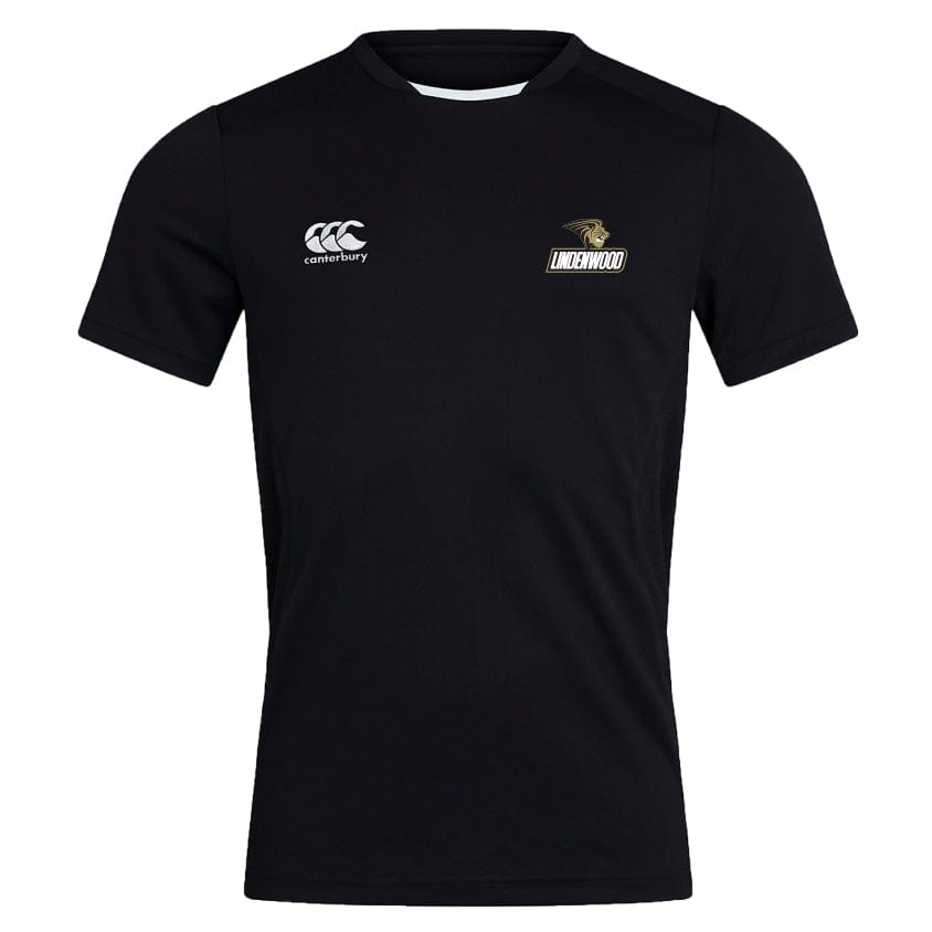 The Lindenwood University Rugby Club Dry Tee by EMB Canterbury showcases a white Canterbury logo on the right shoulder and a "Lindenwood" logo on the left chest. Equipped with Vapodri Technology, this black t-shirt offers exceptional breathability for optimal comfort and performance.