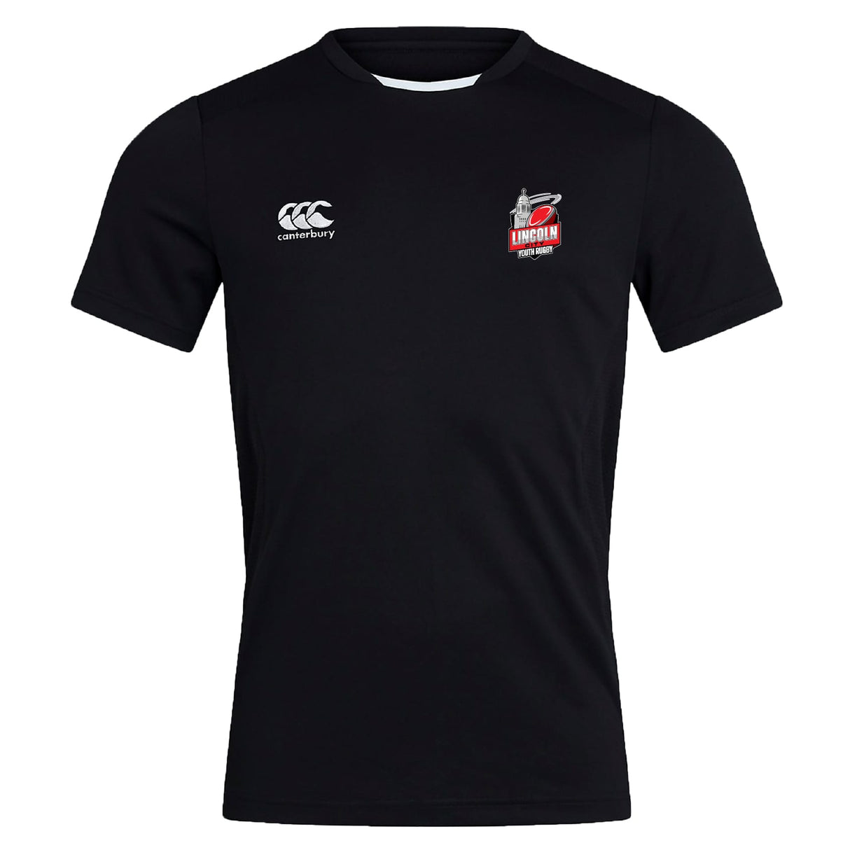 The Lincoln City Youth Rugby Club Dry Tee by EMB Canterbury is a black, breathable workout shirt with Vapodri Technology, featuring a white Canterbury logo on the right chest and the Lincoln Rugby Club logo on the left.
