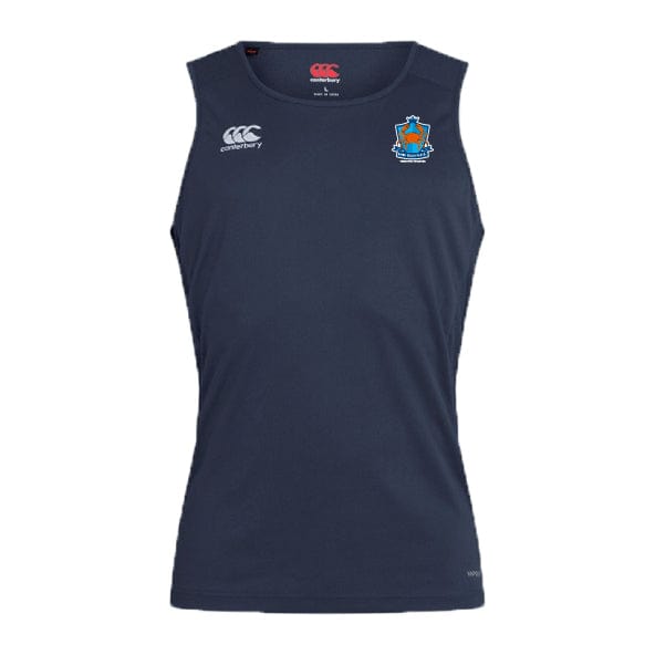The Land Crabs RFC Club Dry Singlet by EMB Canterbury is a sleeveless navy top with Vapodri Technology, featuring the Canterbury logo on the right chest and an embroidered club crest on the left chest.