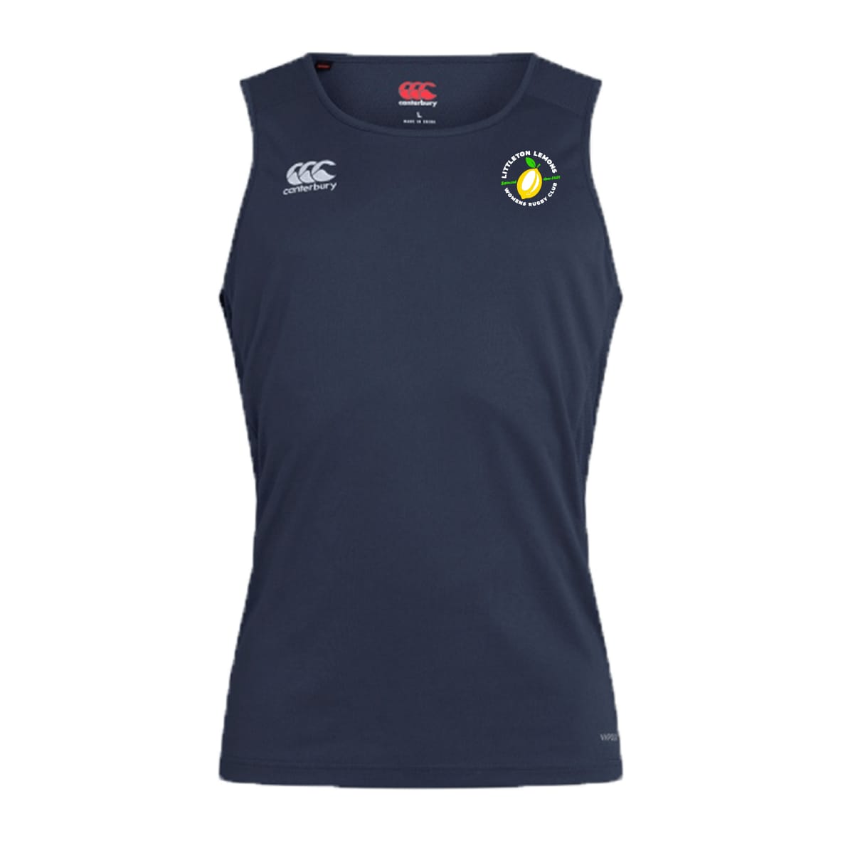 The Littleton Women Rugby Club Club Dry Singlet by EMB Canterbury is a navy blue sleeveless tank with Vapodri Technology, a white Canterbury logo, and a circular club badge—ideal for peak comfort and athletic performance.