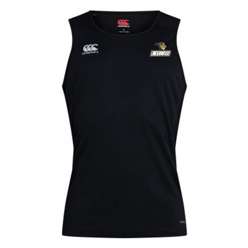 The Lindenwood University Rugby Club Dry Singlet by EMB Canterbury, featuring Vapodri Technology, sports a sleek logo on the left chest and a subtle insignia below the collar.