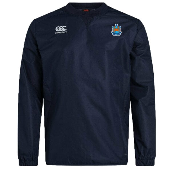 The Land Crabs RFC Club Vaposhield Contact Top by EMB Canterbury is a navy long-sleeve pullover featuring a round neck, right-chest Canterbury logo, club crest in blue, orange, and white, and tough Micro Diamond ripstop—perfect for rugby training.
