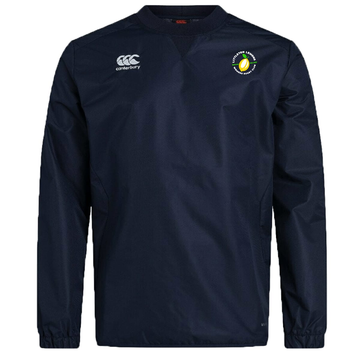 The Littleton Women Rugby Club Vaposhield Contact Top by EMB Canterbury is a navy blue long-sleeve crew neck top with the Canterbury logo on the right chest and space for custom club badges on the left.