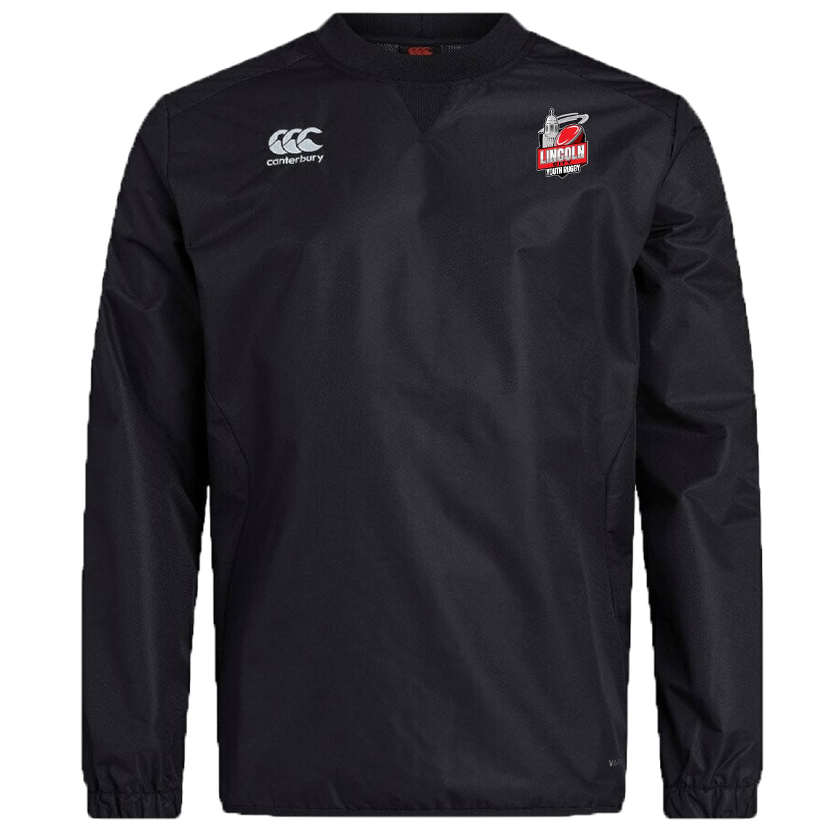 EMB Canterbury Lincoln City Youth Rugby Club Vaposhield Contact Top: black long-sleeve pullover with Vaposhield Technology, Canterbury logo on right chest, and Lincoln RFC crest on left chest.
