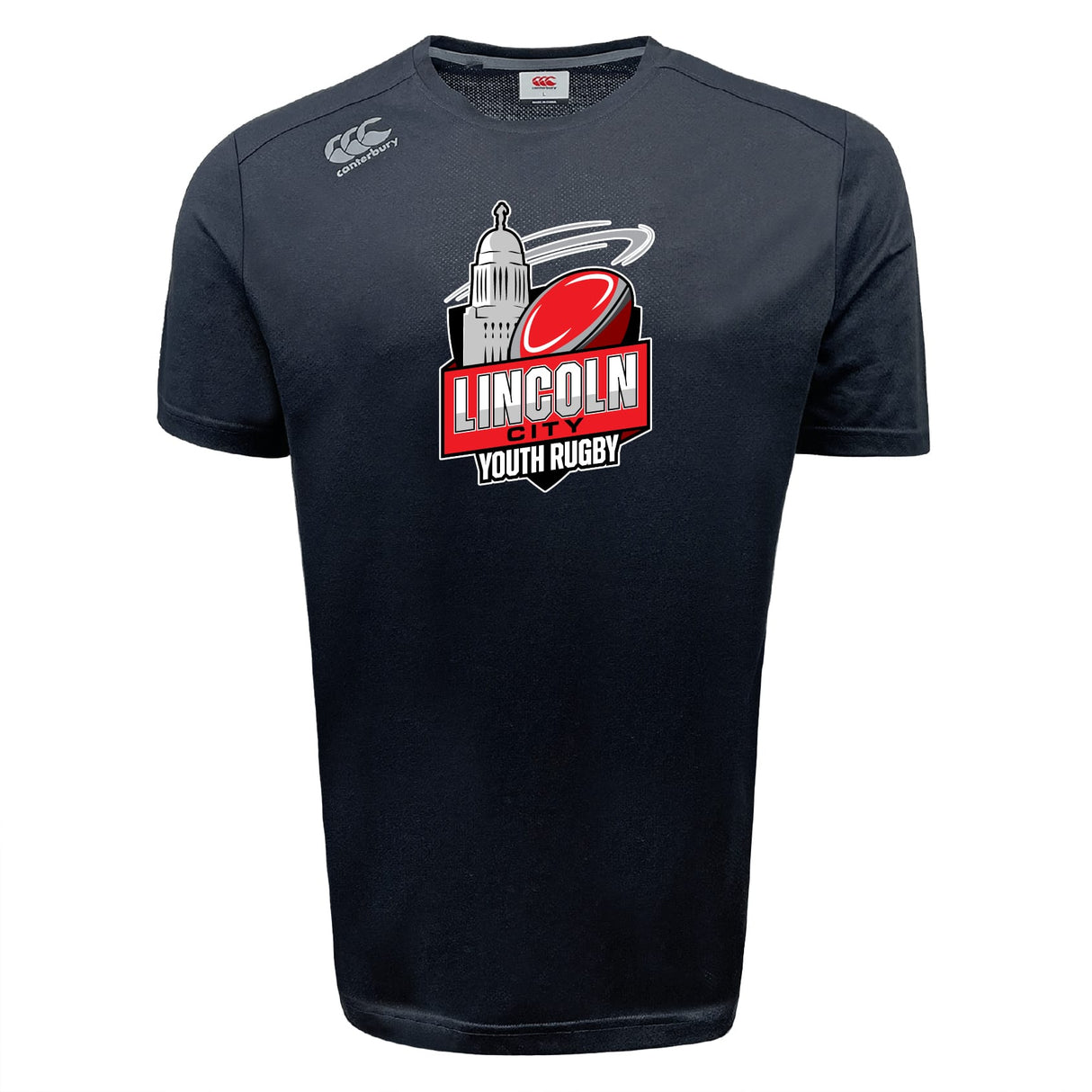 The WRS Canterbury Lincoln City Youth Rugby Tempo Vapodri T-Shirt is a black, moisture-wicking sports tee featuring the team logo with a red rugby ball and building dome graphic on the front.