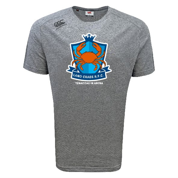 The Land Crabs RFC Tempo Vapodri T-Shirt by WRS Canterbury is a gray short-sleeve sports tee featuring a cartoon crab logo, "LAND CRABS R.F.C." and "TENACITAS IN ARENA" on the front, made with moisture-wicking fabric for comfort.