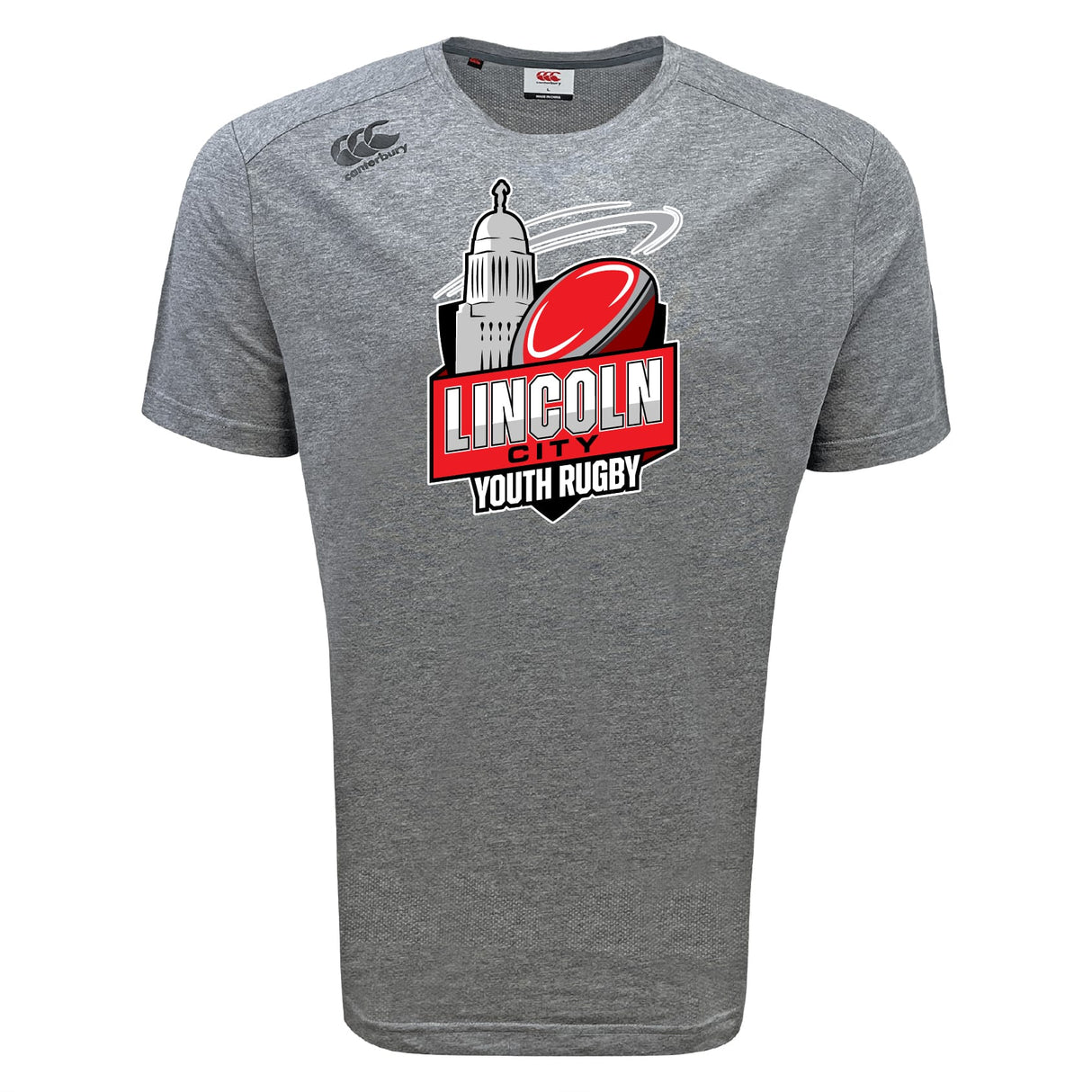The Lincoln City Youth Rugby Tempo Vapodri T-Shirt by WRS Canterbury is a gray, moisture-wicking sports shirt with a rugby ball and capitol dome logo.