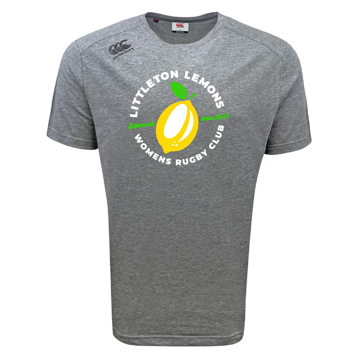 The WRS Canterbury Littleton Women Rugby Club Tempo Vapodri T-Shirt features a moisture-wicking, athletic gray design with the "Littleton Lemons Womens Rugby Club" logo—large yellow lemon and green rugby posts.