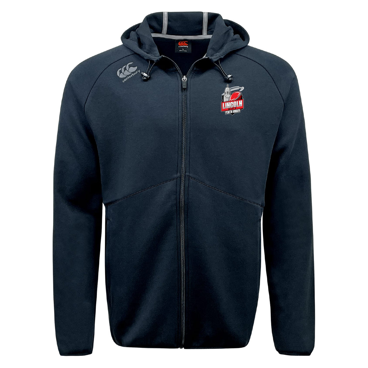 The Lincoln City Youth Rugby Tempo Vapodri Full-Zip Hoodie by EMB Canterbury is a black hoodie with a hood, drawstrings, and two front logos (left chest and right shoulder). Its moisture-wicking fabric keeps you comfortable in style.