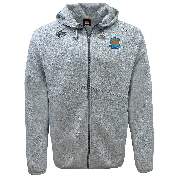 The Land Crabs RFC Tempo Vapodri Full-Zip Hoodie by EMB Canterbury features light gray moisture-wicking fabric, a hood, two front pockets, and embroidered branding on the left chest and right shoulder.
