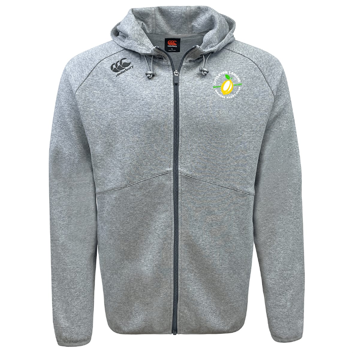The Littleton Women Rugby Club Tempo Vapodri Full-Zip Hoodie by EMB Canterbury features a hood, two front pockets, black zipper, embroidered logos, and moisture-wicking comfort for everyday wear.
