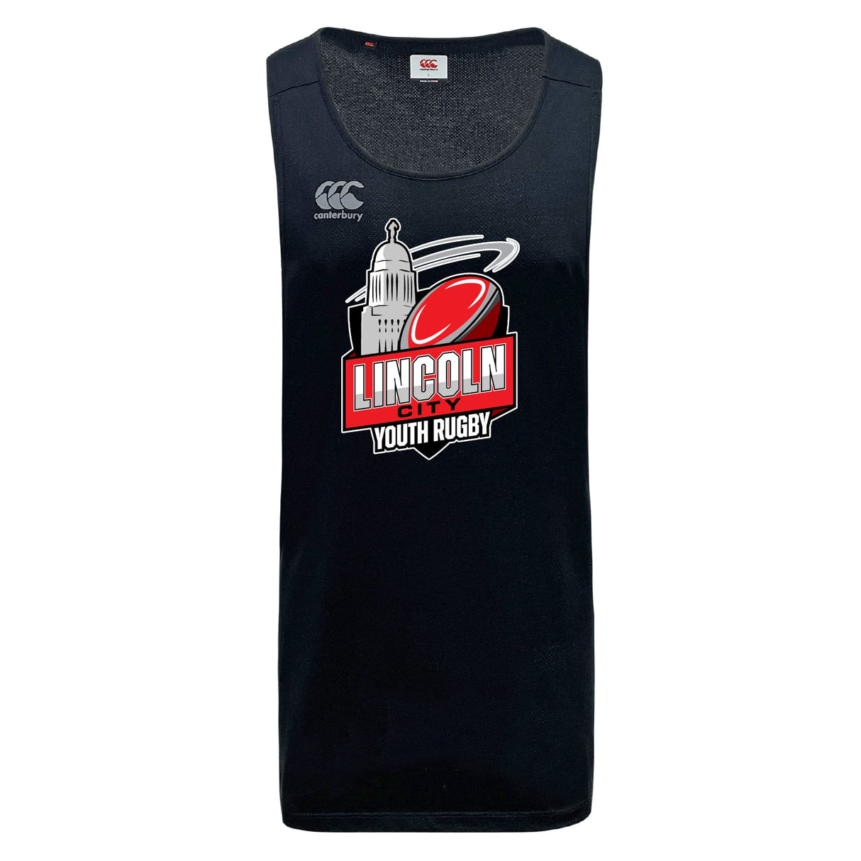 The Lincoln City Youth Rugby Tempo Vapodri Singlet by WRS Canterbury is a black, sleeveless recycled polyester jersey featuring the club logo with a red rugby ball and city skyline, plus VapoDri tech to keep you cool and dry.