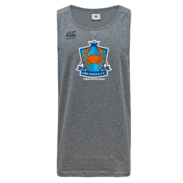 The Land Crabs RFC Tempo Vapodri Singlet by WRS Canterbury is a gray sleeveless athletic shirt made from recycled polyester, featuring a blue and orange crab logo and "Land Crabs R.F.C. Tenacitas in Arena" on the front.