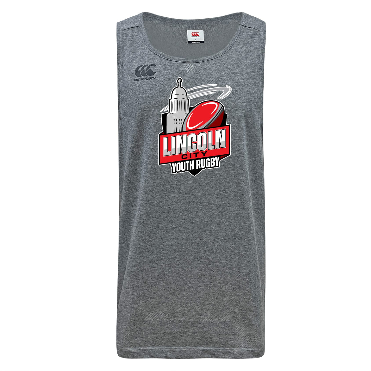 The Lincoln City Youth Rugby Tempo Vapodri Singlet by WRS Canterbury is a gray sleeveless athletic shirt made from recycled polyester, featuring the team logo with a rugby ball and domed building.