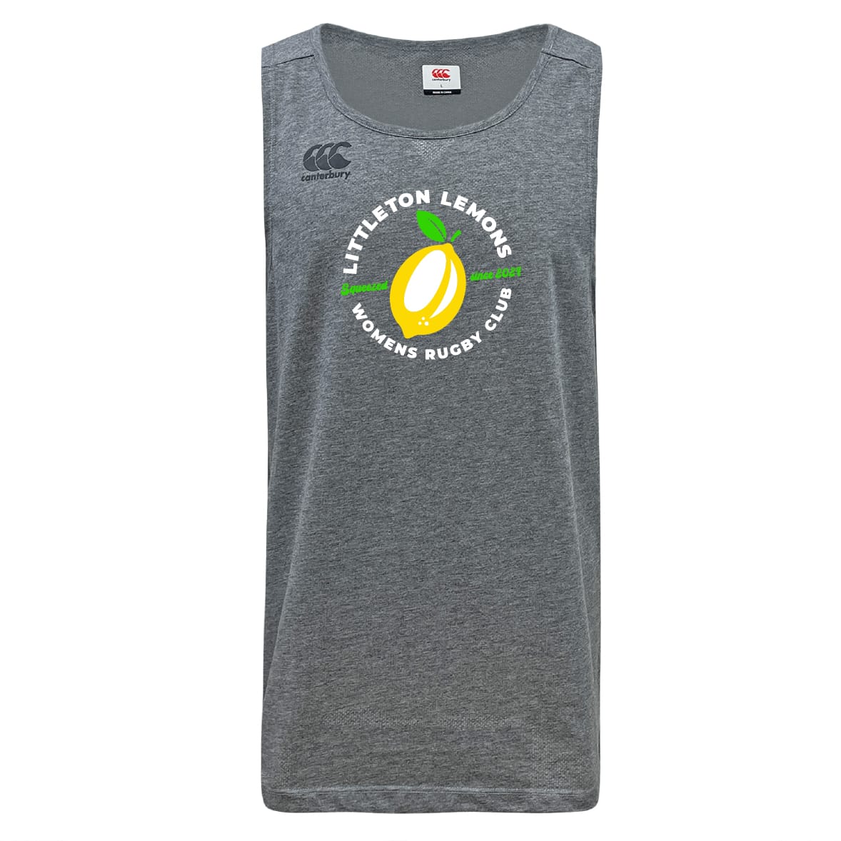The Littleton Women Rugby Club Tempo Vapodri Singlet by WRS Canterbury features a yellow lemon graphic and club name on the front, with VapoDri technology for breathability.