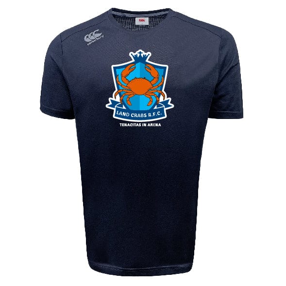The Land Crabs RFC Tempo Vapodri T-Shirt by WRS Canterbury features moisture-wicking Canterbury fabric, an orange crab crest, and the text "LAND CRABS R.F.C." and "TENACITAS IN ARENA" on the front.