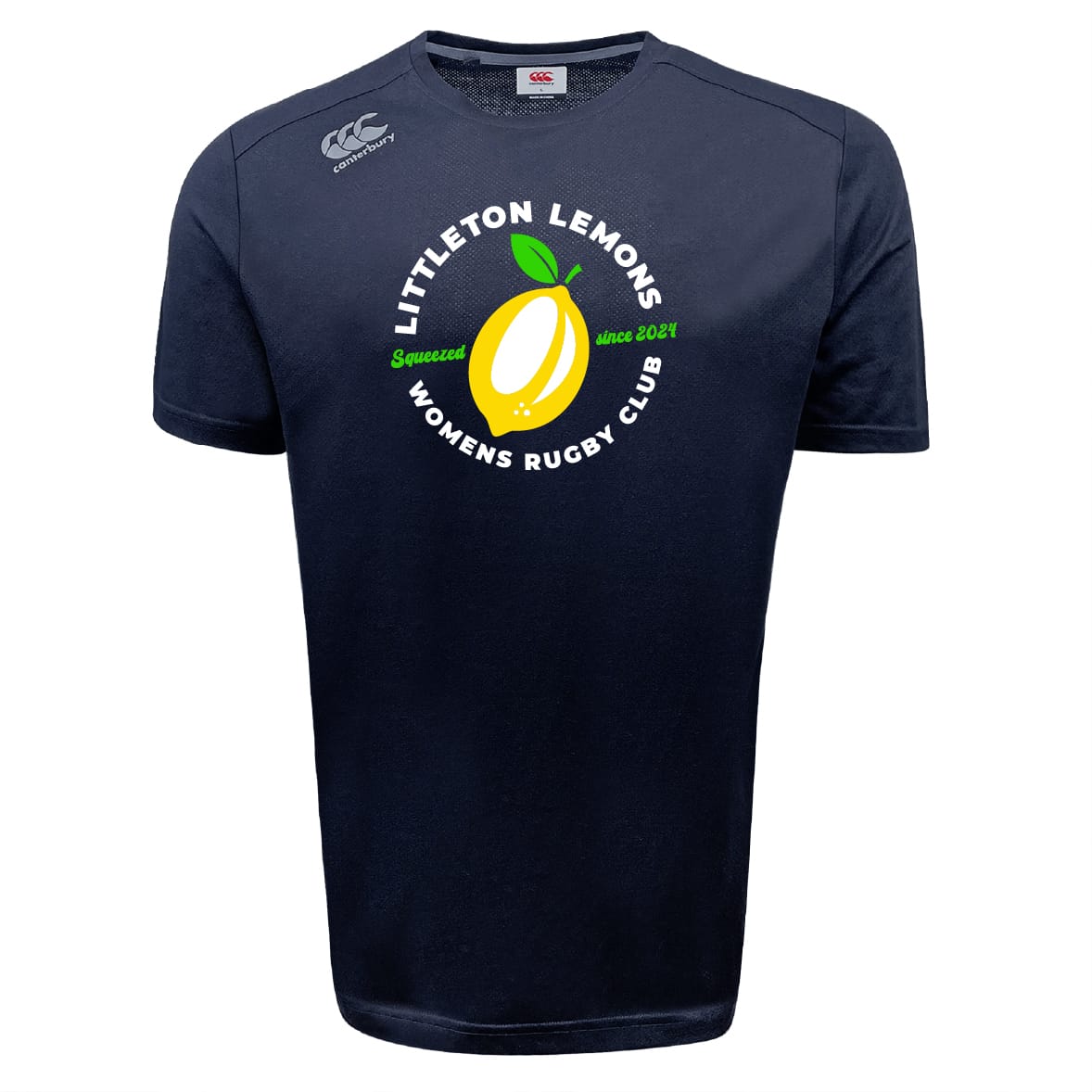 The WRS Canterbury Littleton Women Rugby Club Tempo Vapodri T-Shirt features a navy blue design with a yellow lemon graphic, green "Succulent since 2021" text, and moisture-wicking comfort for athletic performance.