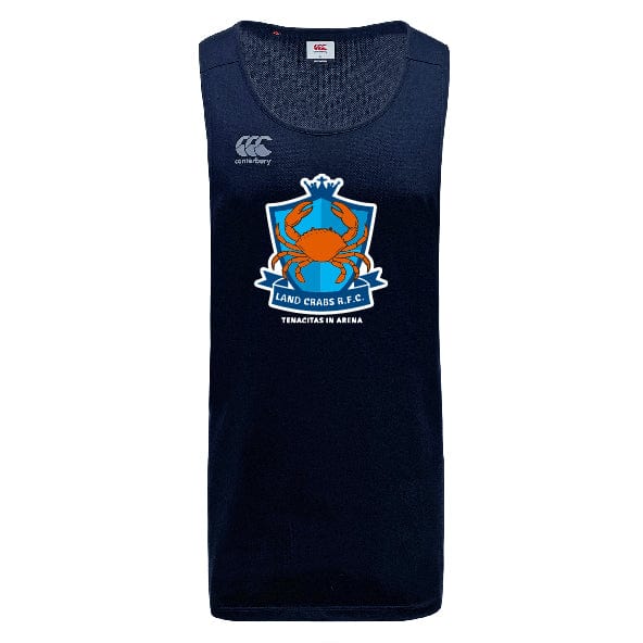 The Land Crabs RFC Tempo Vapodri Singlet by WRS Canterbury is a navy sleeveless jersey made from recycled polyester, with a crab emblem and “LAND CRABS R.F.C.” and “TENACITAS IN ARENA” on the chest.