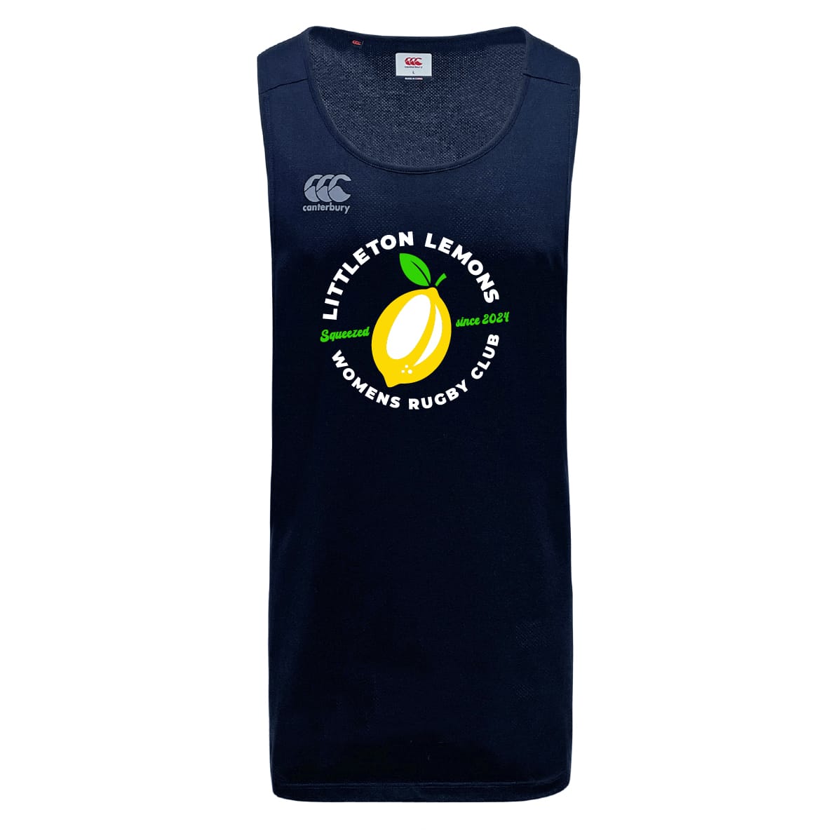 The Littleton Women Rugby Club Tempo Vapodri Singlet by WRS Canterbury is a navy tank top made from recycled polyester, featuring the club logo with a lemon graphic and "Squeezed since 2007" text.