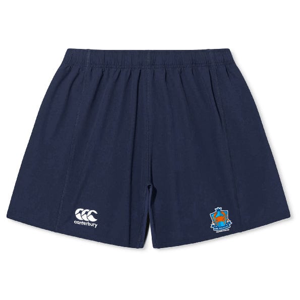 The Land Crabs RFC Yokohama Short by EMB Canterbury features navy blue fabric, an elastic waistband, a white Canterbury logo, and a blue embroidered crest—ideal for training or casual wear with comfort and style.