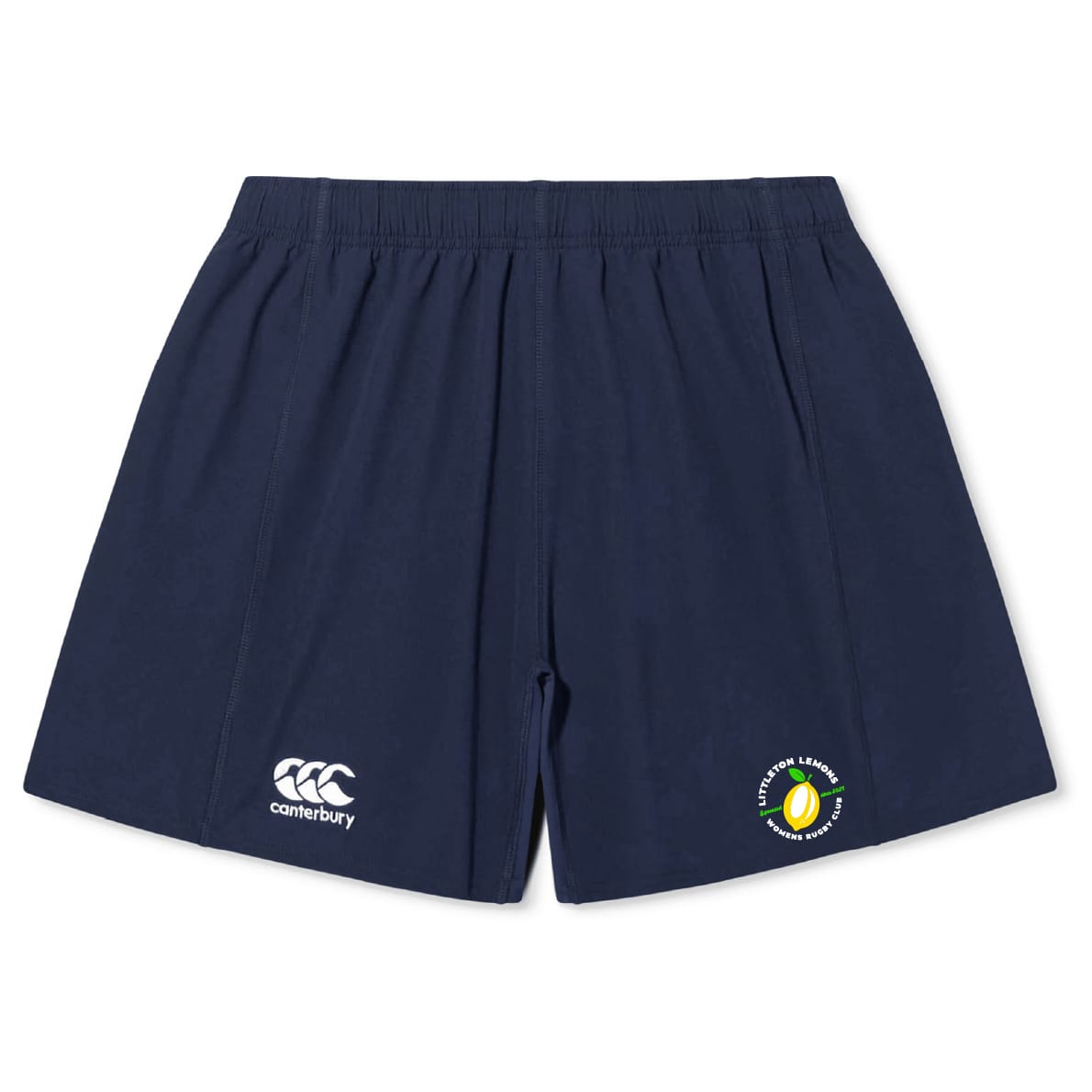 The Littleton Women Rugby Club Yokohama Short by EMB Canterbury is a navy blue rugby short featuring a white Canterbury logo on the left and a green and yellow circular rugby league logo on the right.
