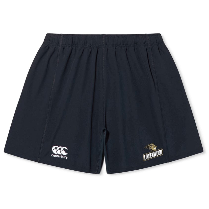The Lindenwood University Rugby Yokohama Shorts by EMB Canterbury are black and display the "Canterbury" logo on the left and the "Lindenwood" emblem on the right, made from lightweight fabric for optimal comfort and performance.