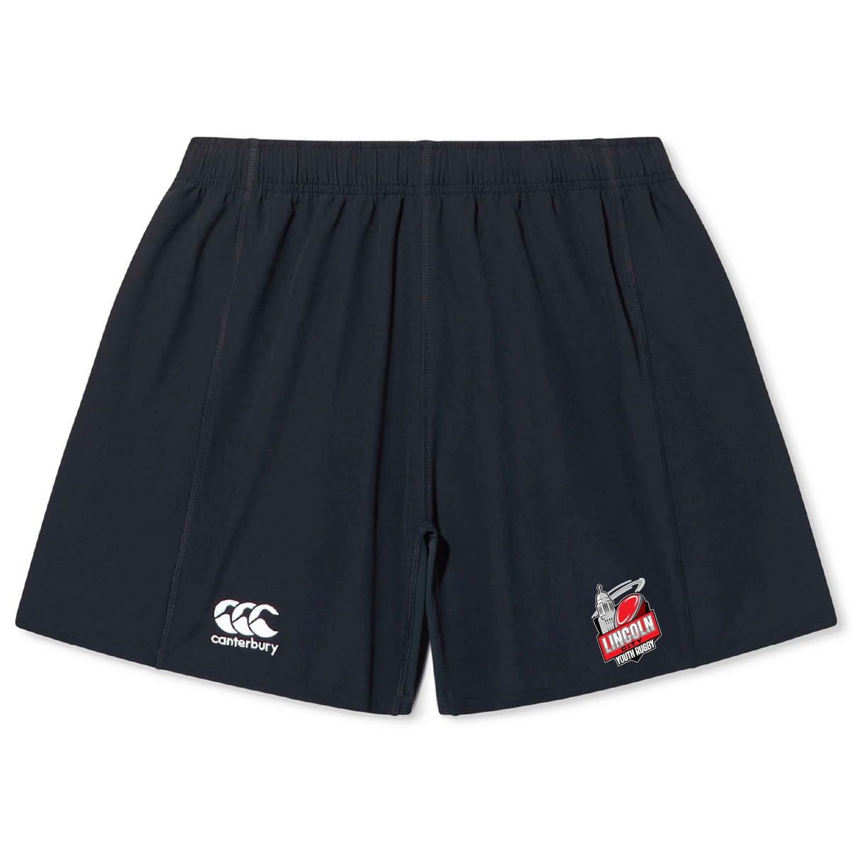 The Lincoln City Youth Rugby Yokohama Short by EMB Canterbury features an elastic waistband, a white Canterbury logo on the left, and a Lincoln University emblem on the right.