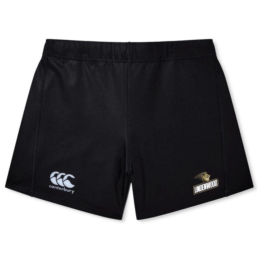 These black Yokohama Shorts from EMB Canterbury feature the Canterbury logo on the left leg and a Lindenwood logo on the right. Made with Vapodri Fabric, they're ideal for women's rugby enthusiasts wanting style and comfort during intense moments.