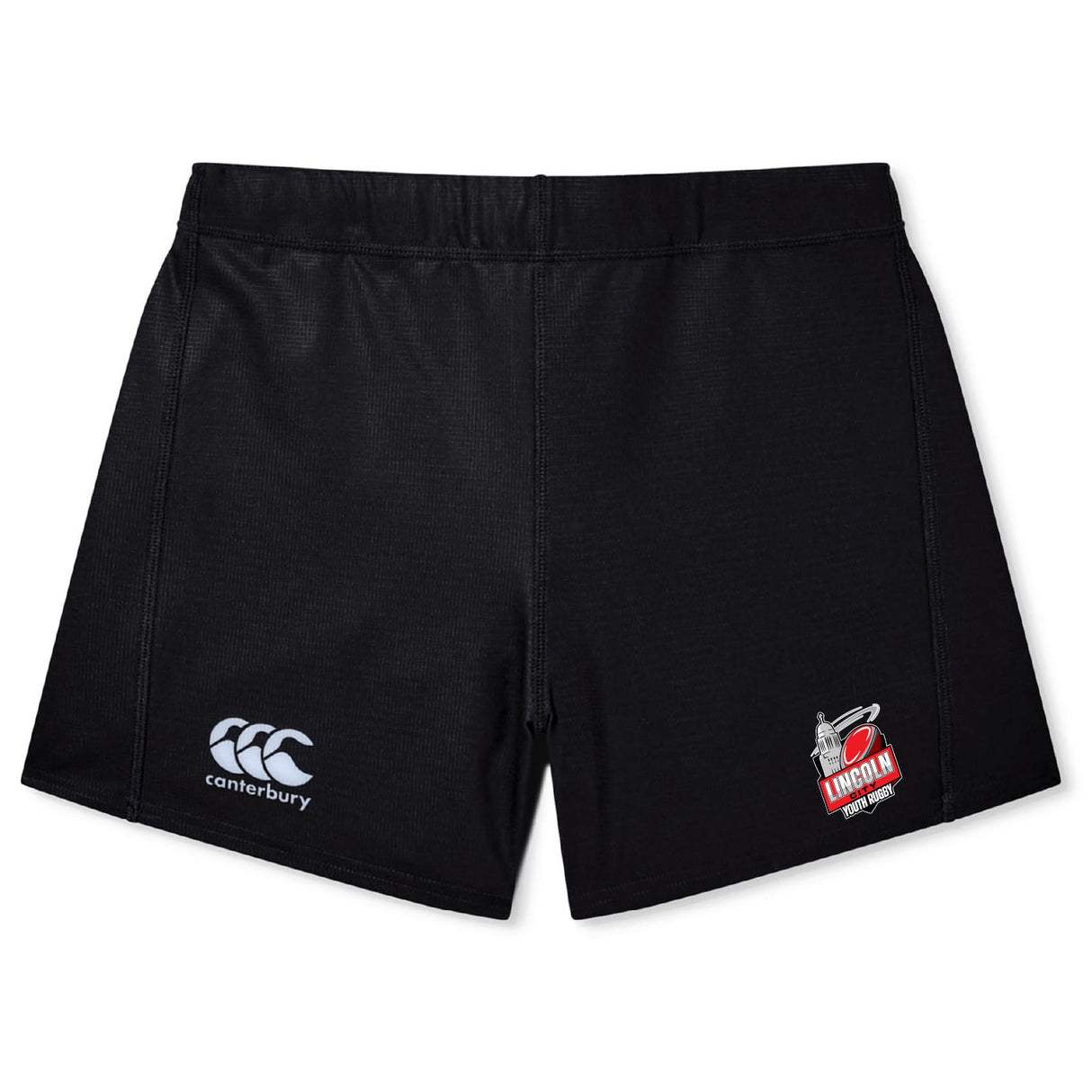 The EMB Canterbury Lincoln City Youth Rugby Women's Yokohama Shorts feature the Canterbury logo on the left leg and a Lincoln RFC badge on the right, shown on a plain white background.