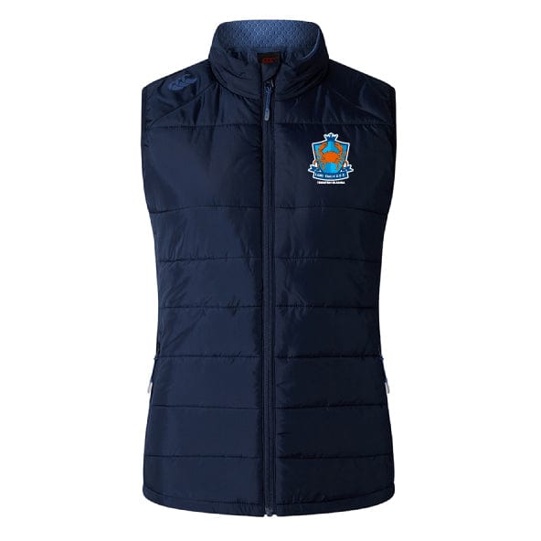 The Land Crabs RFC Women's Elite Microlite Gilet by EMB Canterbury is a navy sleeveless padded vest with insulated baffles, front zip, and an embroidered crest with crown, sunrise, and "The Royal Parks" text on the left chest.