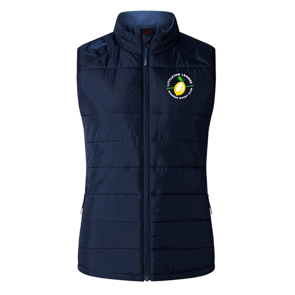 Stay sporty in the EMB Canterbury Littleton Women Rugby Club Elite Microlite Gilet by Canterbury—a navy sleeveless insulated vest with high collar, zip front, and rugby club logo on the left chest.