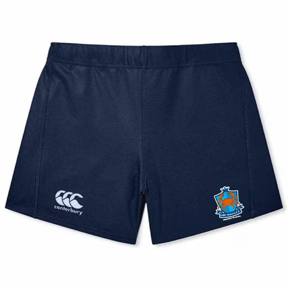 The Land Crabs RFC Women's Yokohama Short by EMB Canterbury features Vapodri fabric, the Canterbury logo on the left leg, and a colorful team crest on the right in navy blue.