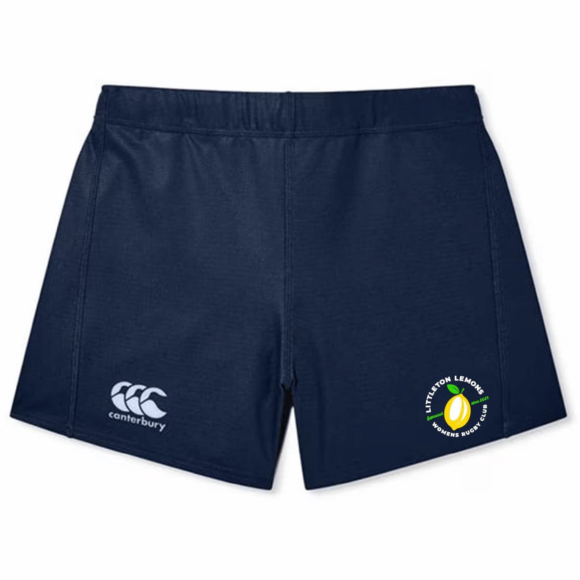 The Littleton Women Rugby Club Women's Elite Woven Short by EMB Canterbury features a navy blue design, white Canterbury logo on the left leg, yellow and green Littlest Lemon Rugby logo on the right, plus convenient zippered pockets.
