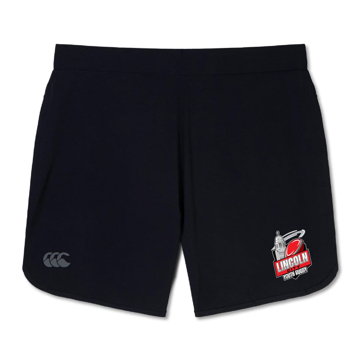 The EMB Canterbury Lincoln City Youth Rugby Women's Elite Woven Short features zippered pockets, a Lincoln Rugby Club logo on the right leg, and a Canterbury logo on the left—ideal women's gym shorts.