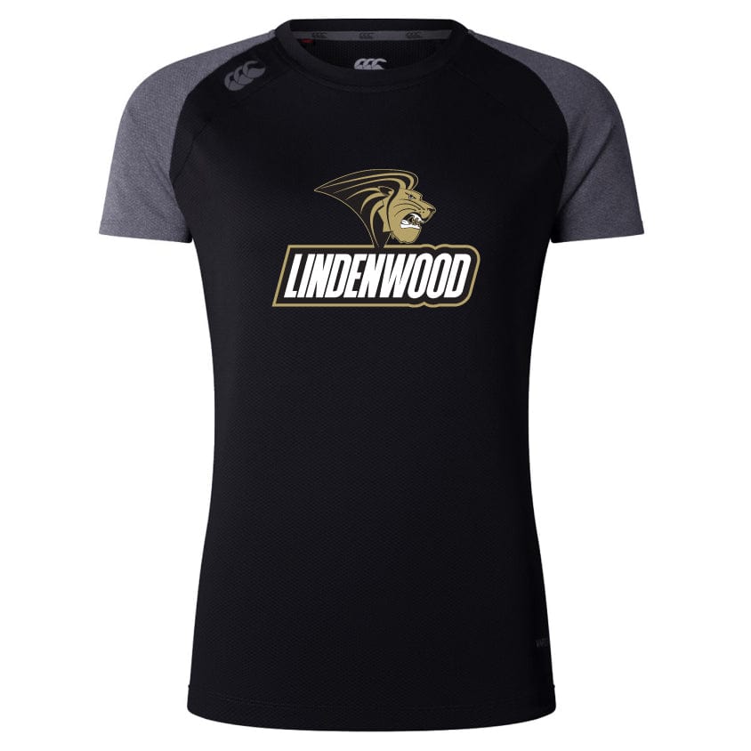 The Lindenwood University Rugby Women's Elite Training Tee by WRS Canterbury, in black and gray, features "LINDENWOOD" and a lion logo. Made from lightweight recycled polyester with Vapodri tech for comfort during workouts, it combines style and performance perfectly.