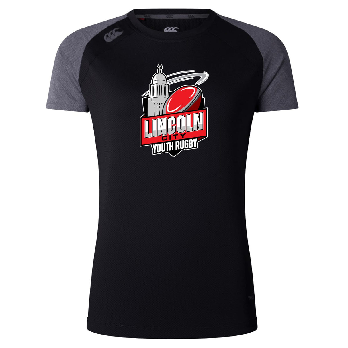 The Lincoln City Youth Rugby Women's Elite Training Tee by WRS Canterbury is a black and dark gray Vapodri short-sleeve shirt, featuring a red rugby ball and white dome logo, designed to keep you cool during training.